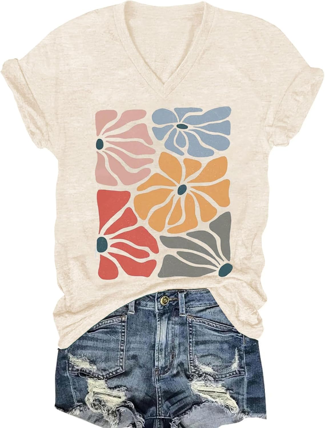 Womens V-Neck T-Shirt Flower Graphic Tees Summer Fashion Boho Tops Tshirts Loose Casual Wildflower Beach T Shirts - Image 22