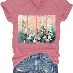 Womens V-Neck T-Shirt Flower Graphic Tees Summer Fashion Boho Tops Tshirts Loose Casual Wildflower Beach T Shirts