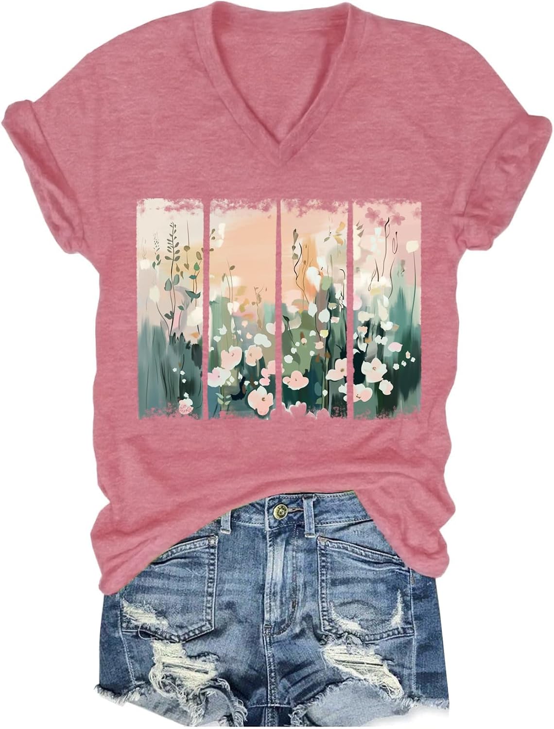 Womens V-Neck T-Shirt Flower Graphic Tees Summer Fashion Boho Tops Tshirts Loose Casual Wildflower Beach T Shirts