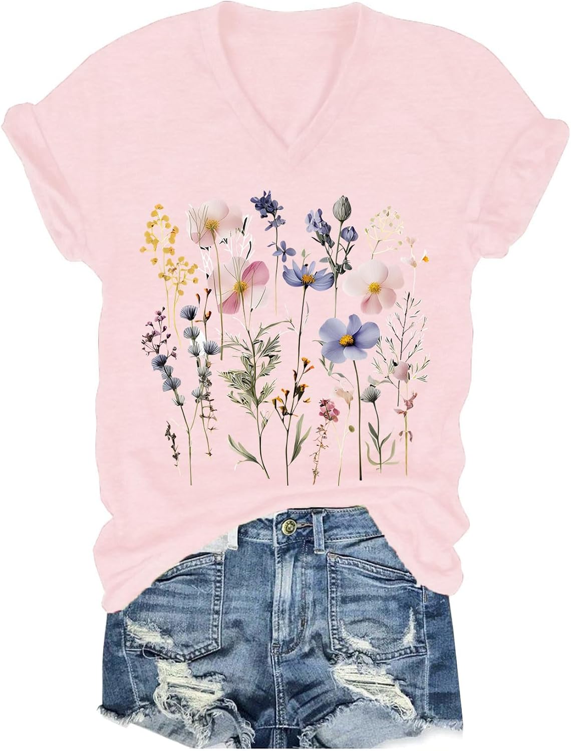 Womens V-Neck T-Shirt Flower Graphic Tees Summer Fashion Boho Tops Tshirts Loose Casual Wildflower Beach T Shirts - Image 26