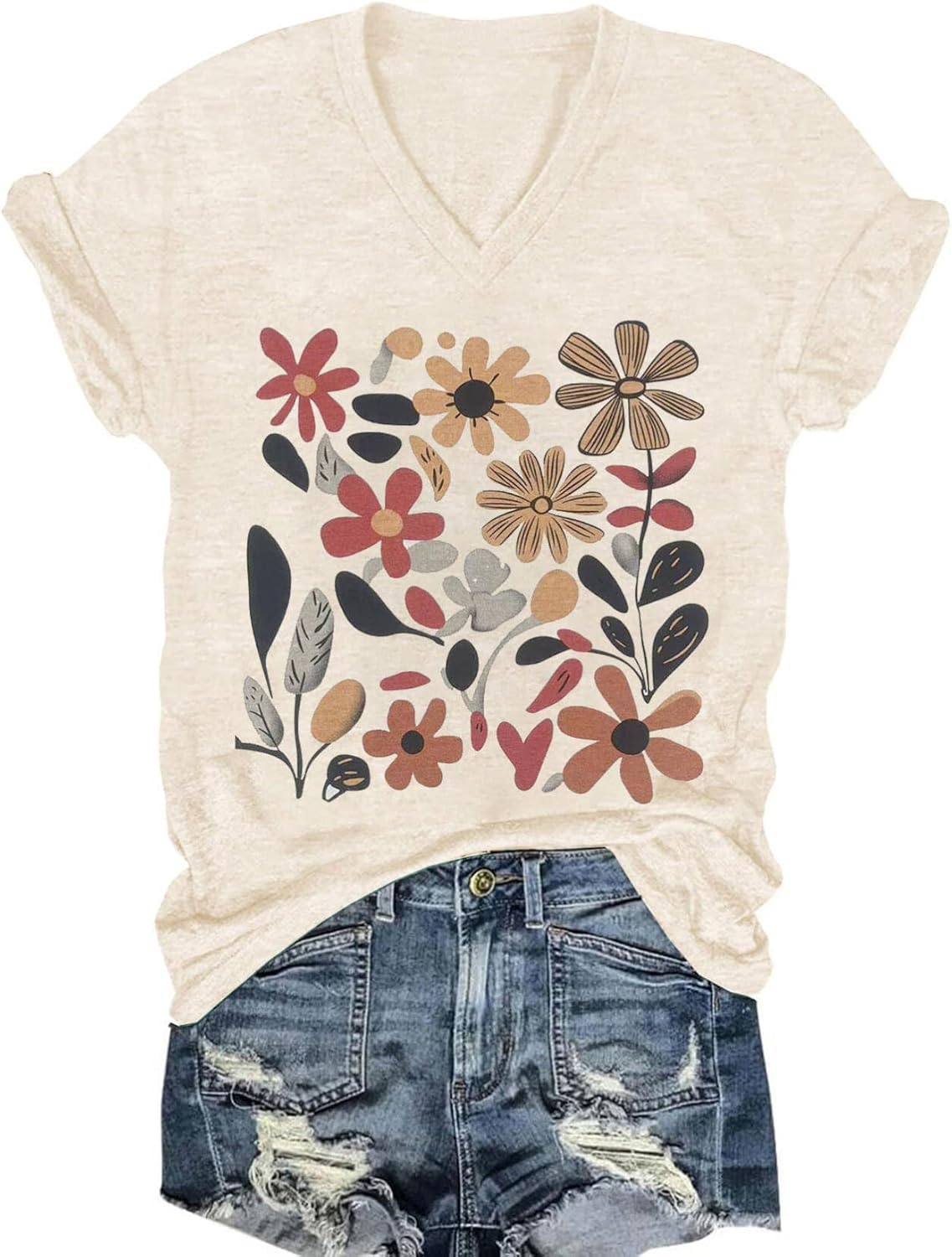 Womens V-Neck T-Shirt Flower Graphic Tees Summer Fashion Boho Tops Tshirts Loose Casual Wildflower Beach T Shirts - Image 21