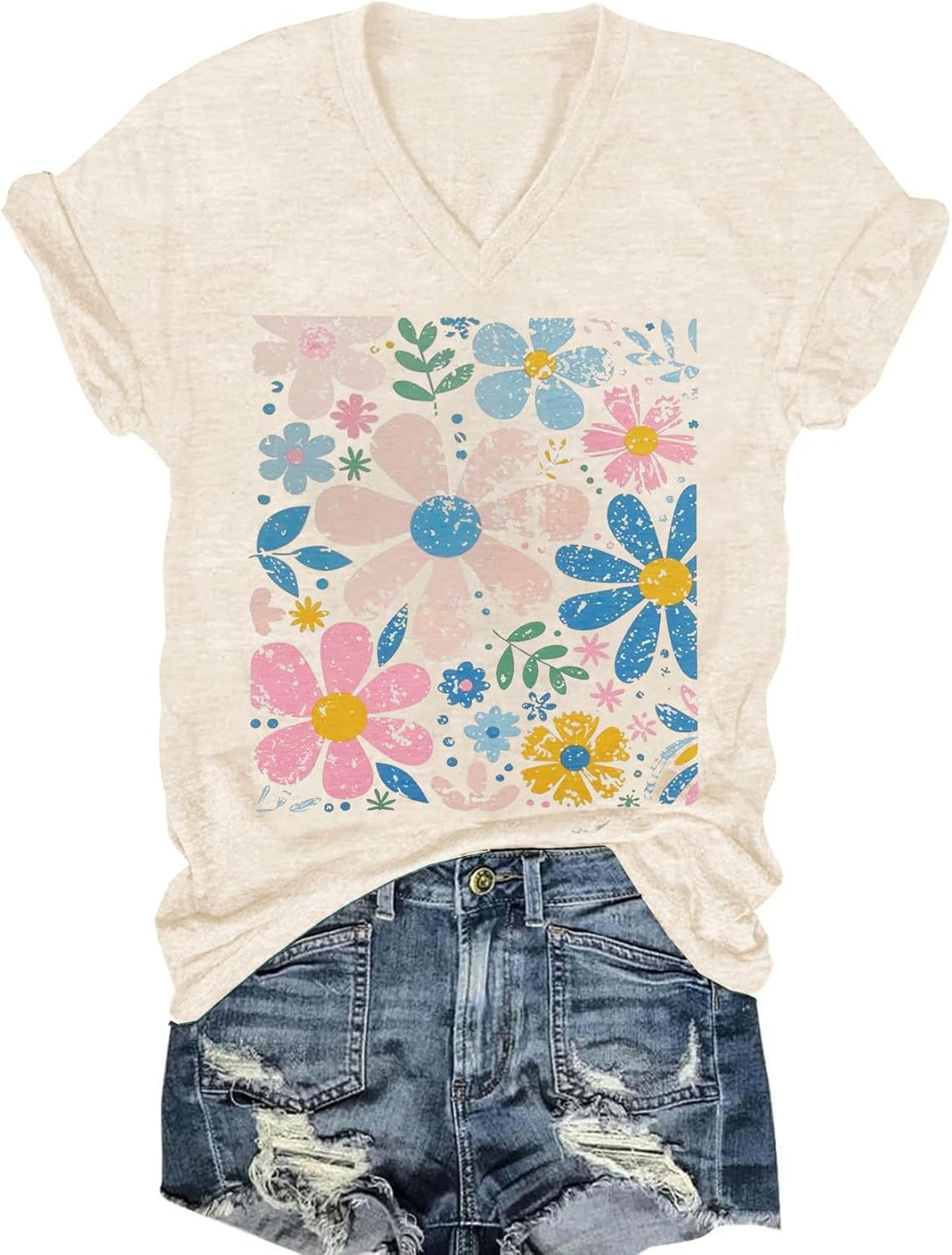 Womens V-Neck T-Shirt Flower Graphic Tees Summer Fashion Boho Tops Tshirts Loose Casual Wildflower Beach T Shirts - Image 18