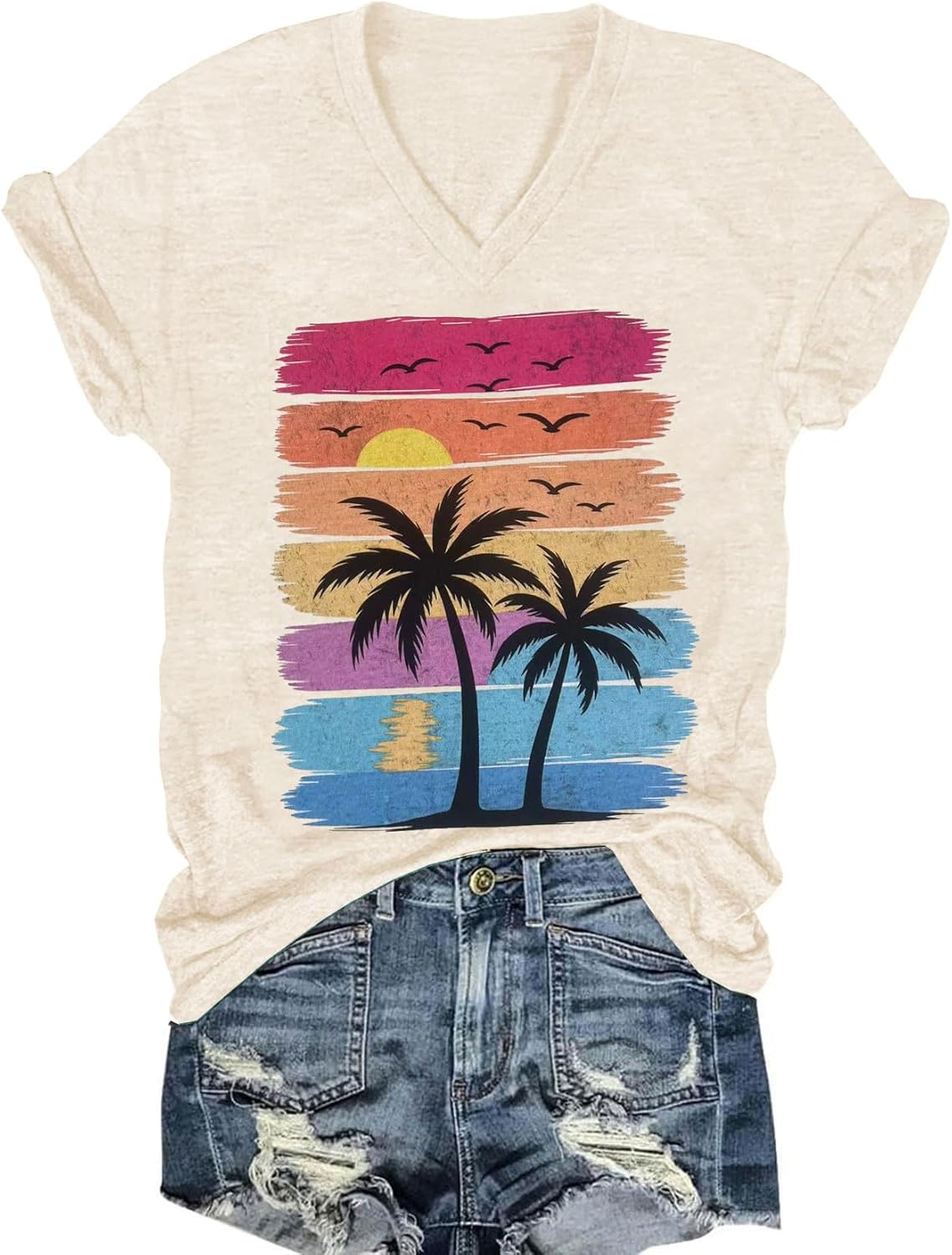 Womens V-Neck T-Shirt Flower Graphic Tees Summer Fashion Boho Tops Tshirts Loose Casual Wildflower Beach T Shirts - Image 32