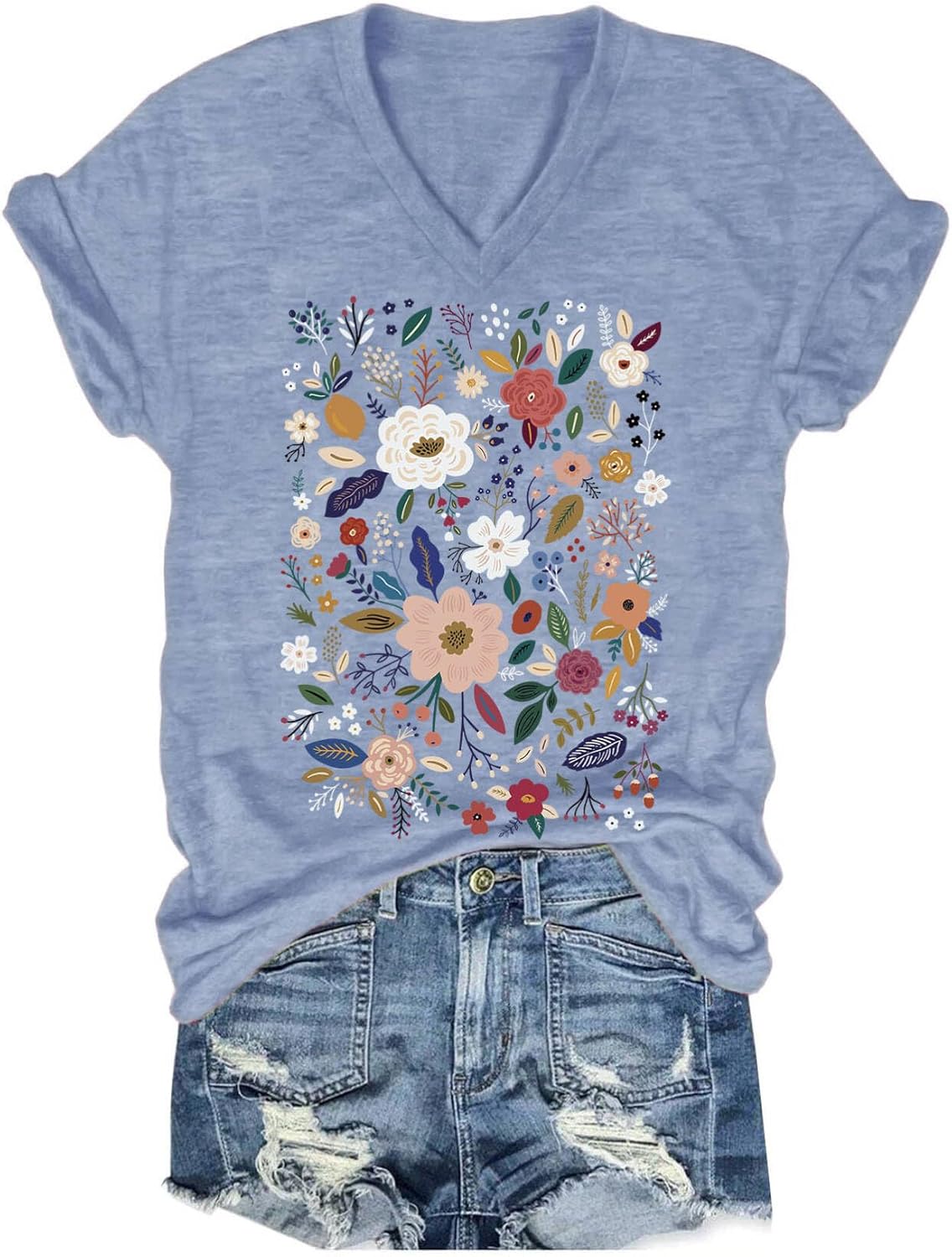 Womens V-Neck T-Shirt Flower Graphic Tees Summer Fashion Boho Tops Tshirts Loose Casual Wildflower Beach T Shirts - Image 5