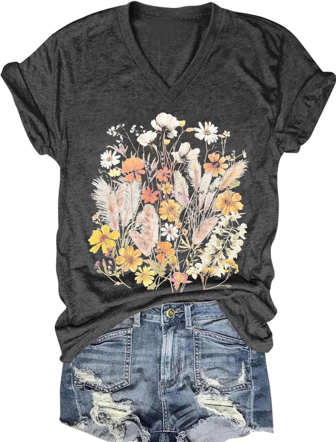Womens V-Neck T-Shirt Flower Graphic Tees Summer Fashion Boho Tops Tshirts Loose Casual Wildflower Beach T Shirts - Image 17