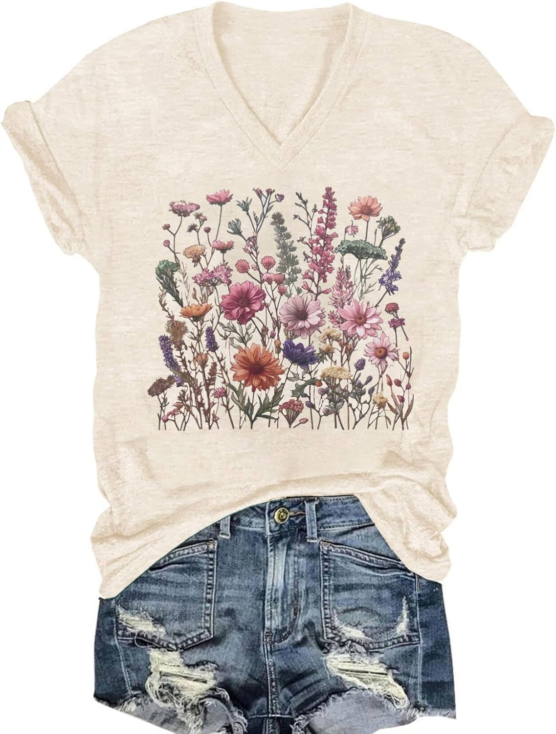 Womens V-Neck T-Shirt Flower Graphic Tees Summer Fashion Boho Tops Tshirts Loose Casual Wildflower Beach T Shirts - Image 23