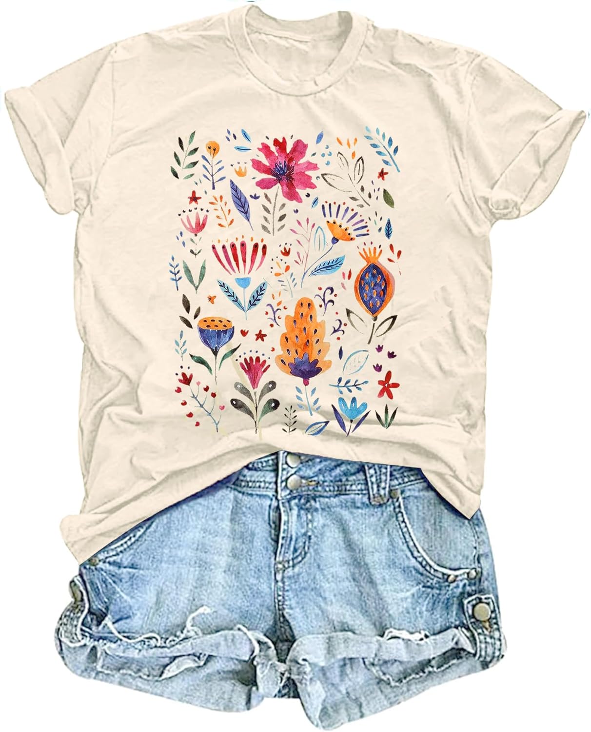 Women's Vintage Floral T Shirt Boho Wildflower Graphic Loose Tees Short Sleeve Casual Tops - Image 22