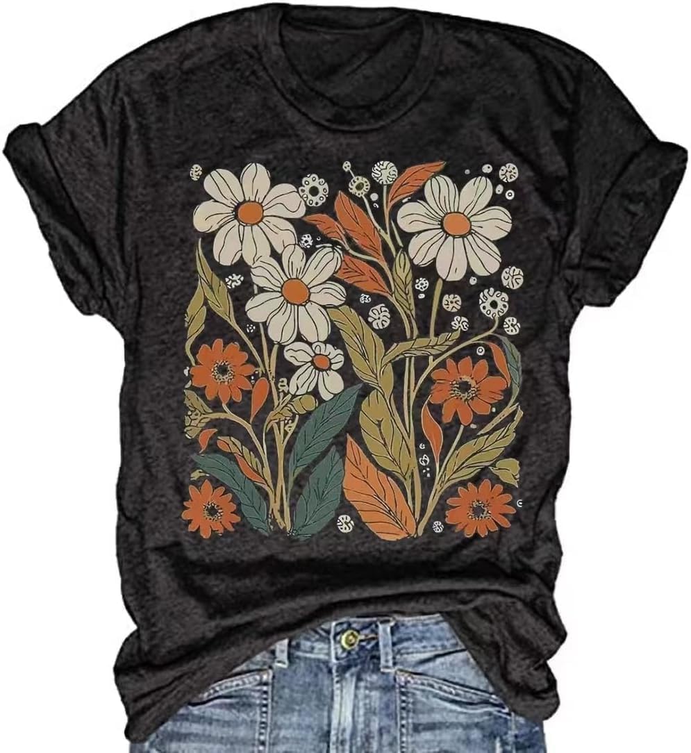 Women's Vintage Floral T Shirt Boho Wildflower Graphic Loose Tees Short Sleeve Casual Tops - Image 11