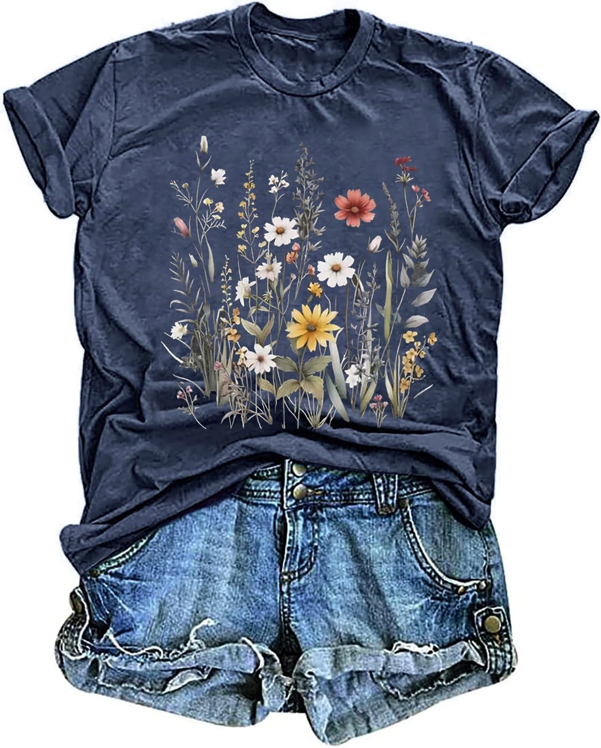Women's Vintage Floral T Shirt Boho Wildflower Graphic Loose Tees Short Sleeve Casual Tops - Image 32