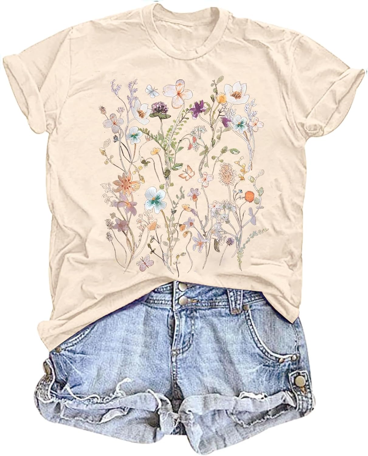Women's Vintage Floral T Shirt Boho Wildflower Graphic Loose Tees Short Sleeve Casual Tops - Image 35