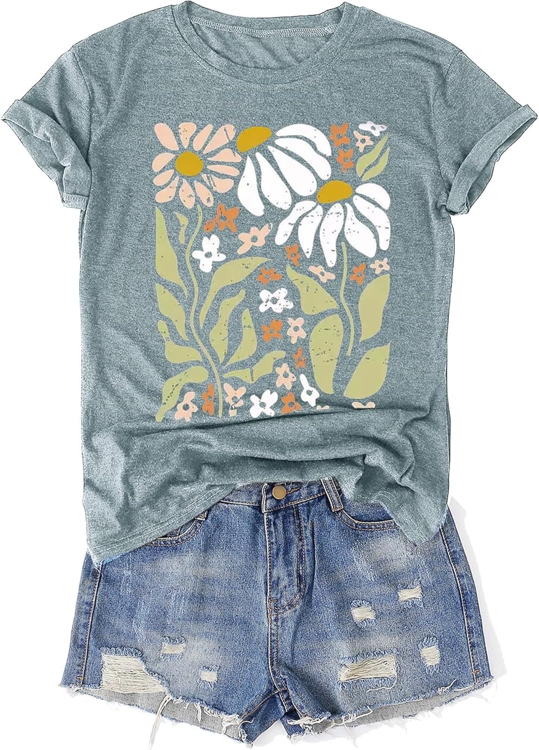 Women's Vintage Floral T Shirt Boho Wildflower Graphic Loose Tees Short Sleeve Casual Tops - Image 28