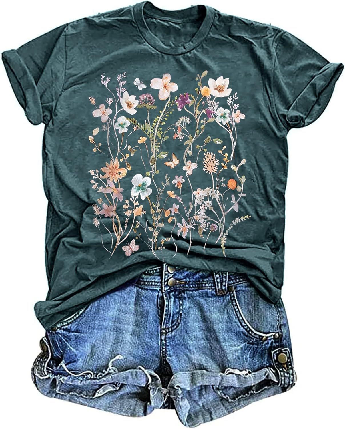 Women's Vintage Floral T Shirt Boho Wildflower Graphic Loose Tees Short Sleeve Casual Tops - Image 24