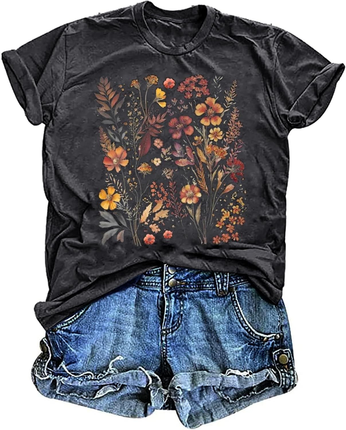 Women's Vintage Floral T Shirt Boho Wildflower Graphic Loose Tees Short Sleeve Casual Tops