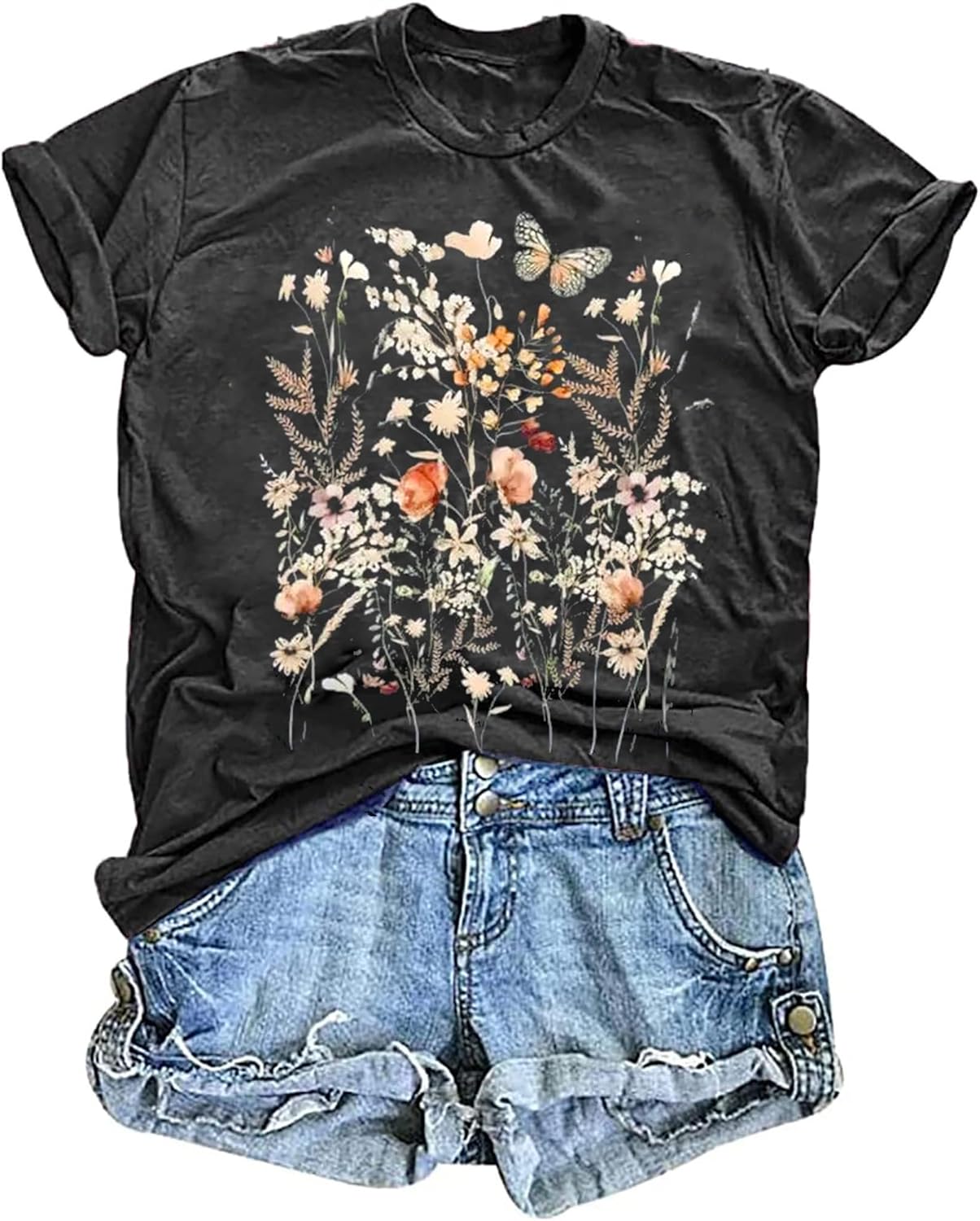 Women's Vintage Floral T Shirt Boho Wildflower Graphic Loose Tees Short Sleeve Casual Tops - Image 42