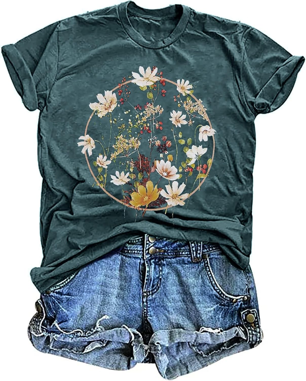 Women's Vintage Floral T Shirt Boho Wildflower Graphic Loose Tees Short Sleeve Casual Tops - Image 37