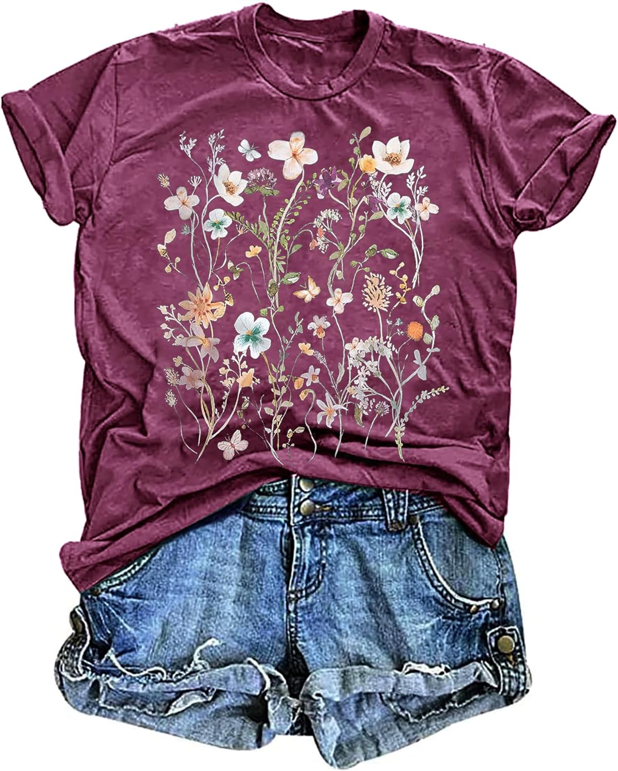 Women's Vintage Floral T Shirt Boho Wildflower Graphic Loose Tees Short Sleeve Casual Tops - Image 14