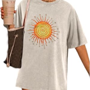 Wrenpies Vintage Oversized Sun Aesthetic Graphic Tees Distressed Band T Shirts for Women Boyfriend Baggy Casual Shirt Tops
