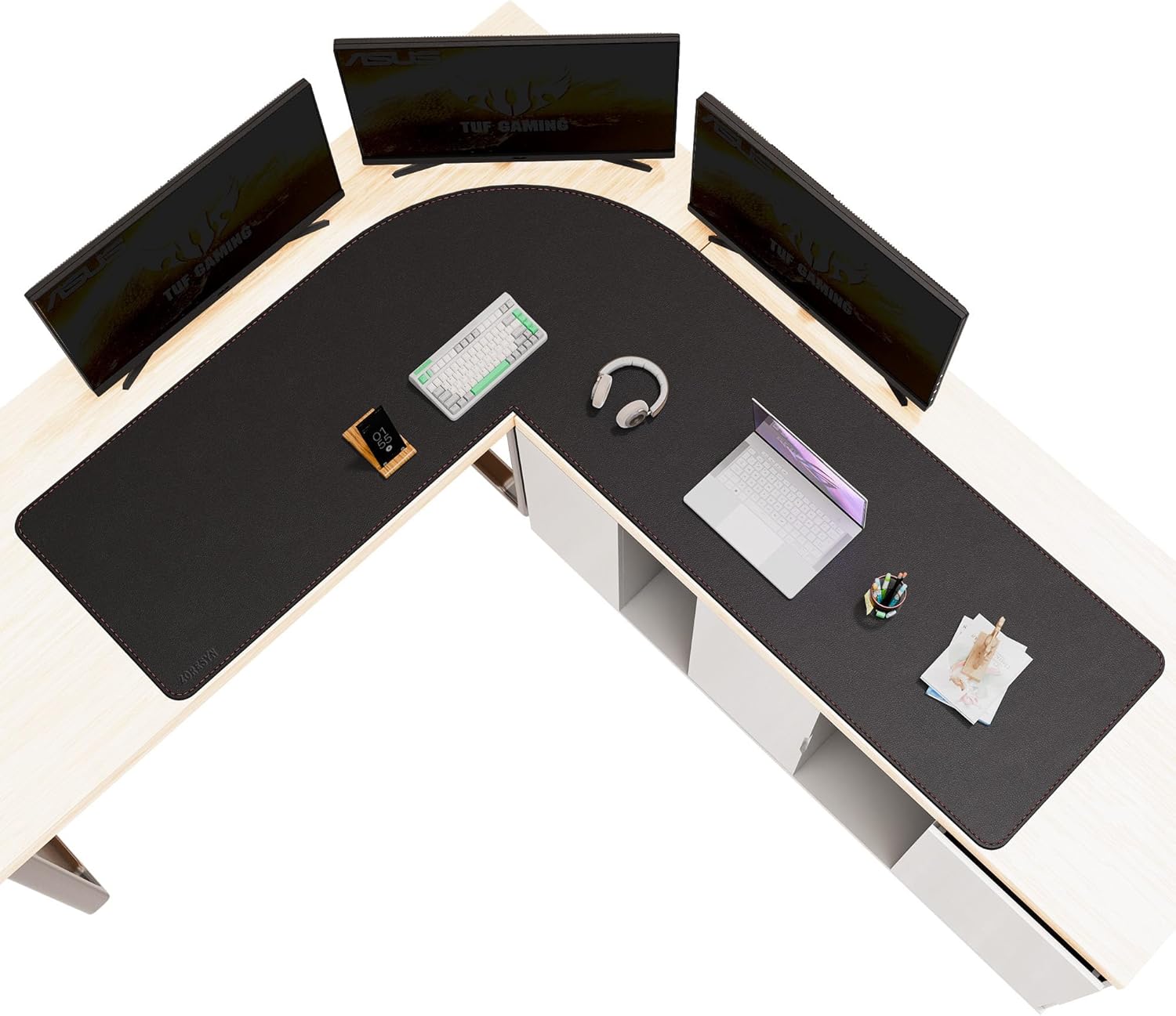 ZORESYN L Shaped Desk Mat 61.8x80x23.6 Inch (Black) - XXL Reversible Corner Desk Pad, Waterproof PU Leather Desktop Protector for Gaming, Office & Home