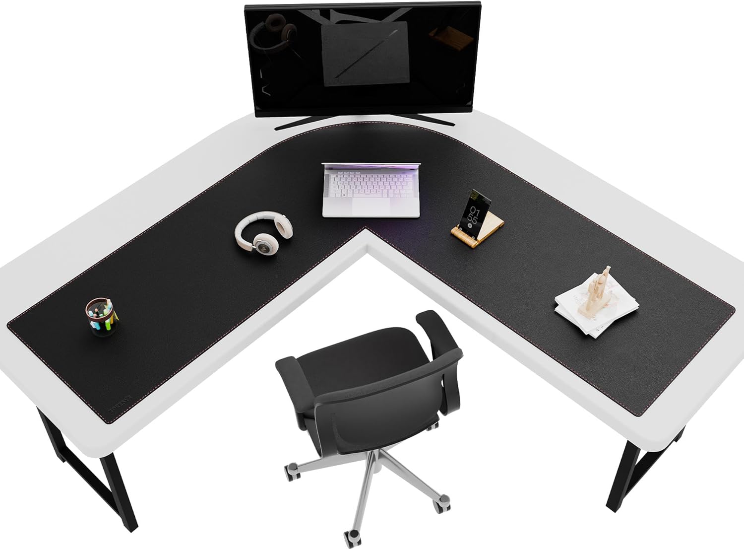 ZORESYN L Shaped Desk Mat 61.8x80x23.6 Inch (Black) - XXL Reversible Corner Desk Pad, Waterproof PU Leather Desktop Protector for Gaming, Office & Home - Image 3